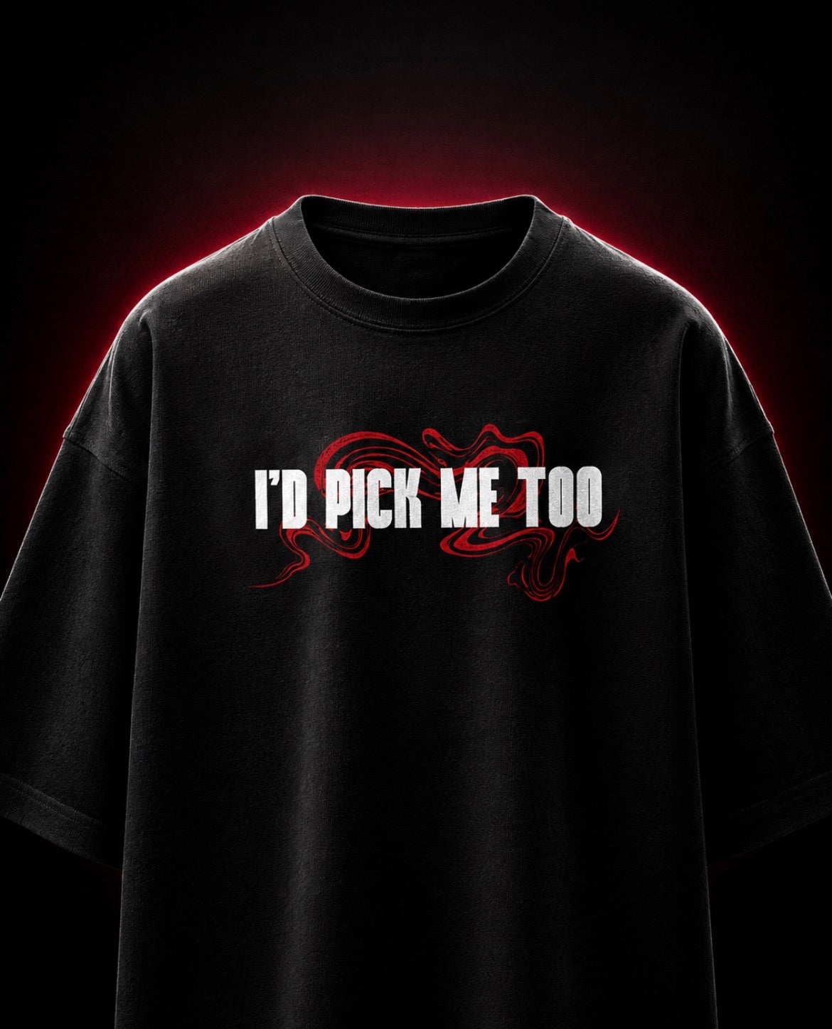 Genaura I'd Pick Me Too black oversized tee, front chest graphic flat lay