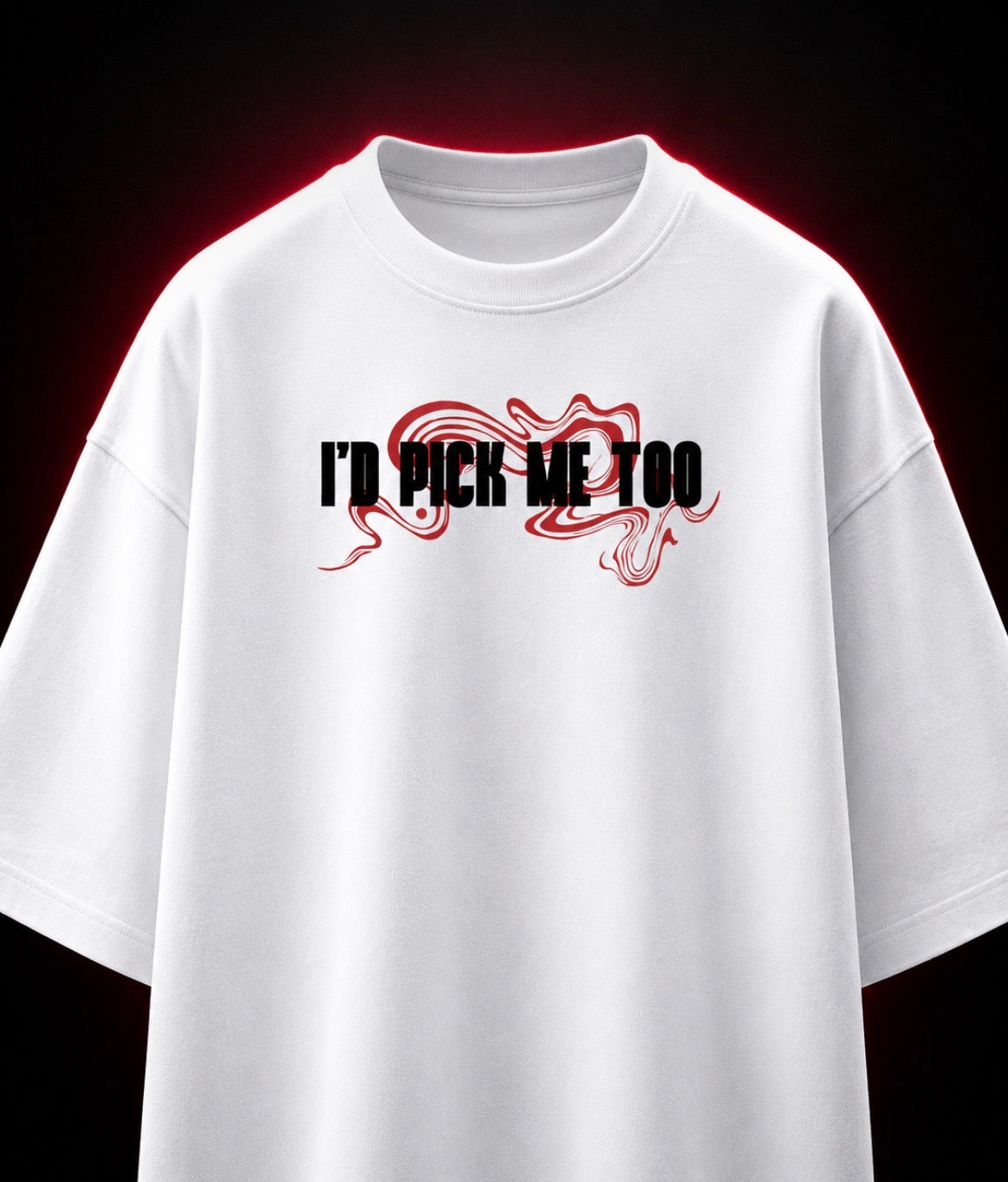 Genaura I'd Pick Me Too white oversized tee, front chest graphic flat lay