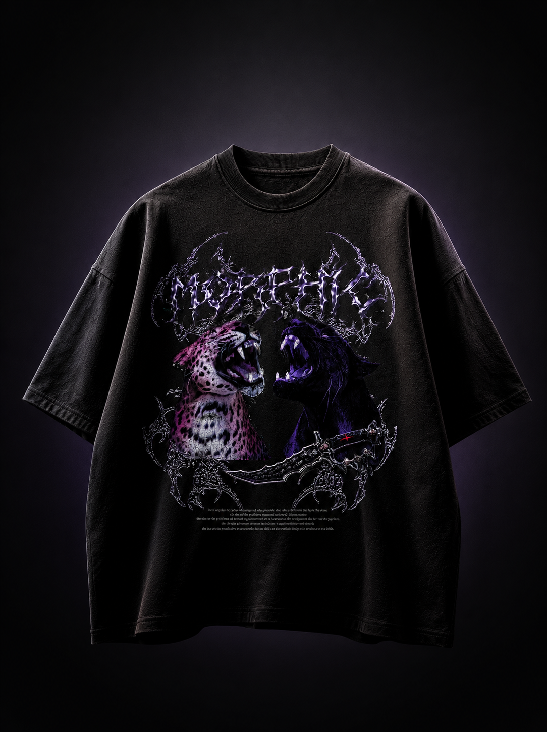 Genaura Morphic black oversized tee flat lay, gothic panther graphic streetwear