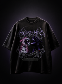 Genaura Morphic black oversized tee flat lay, gothic panther graphic streetwear