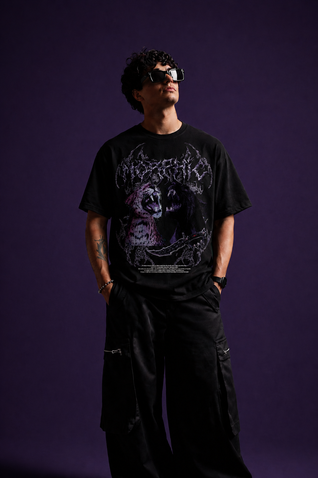 Genaura Morphic oversized tee side angle, gothic streetwear graphic tee