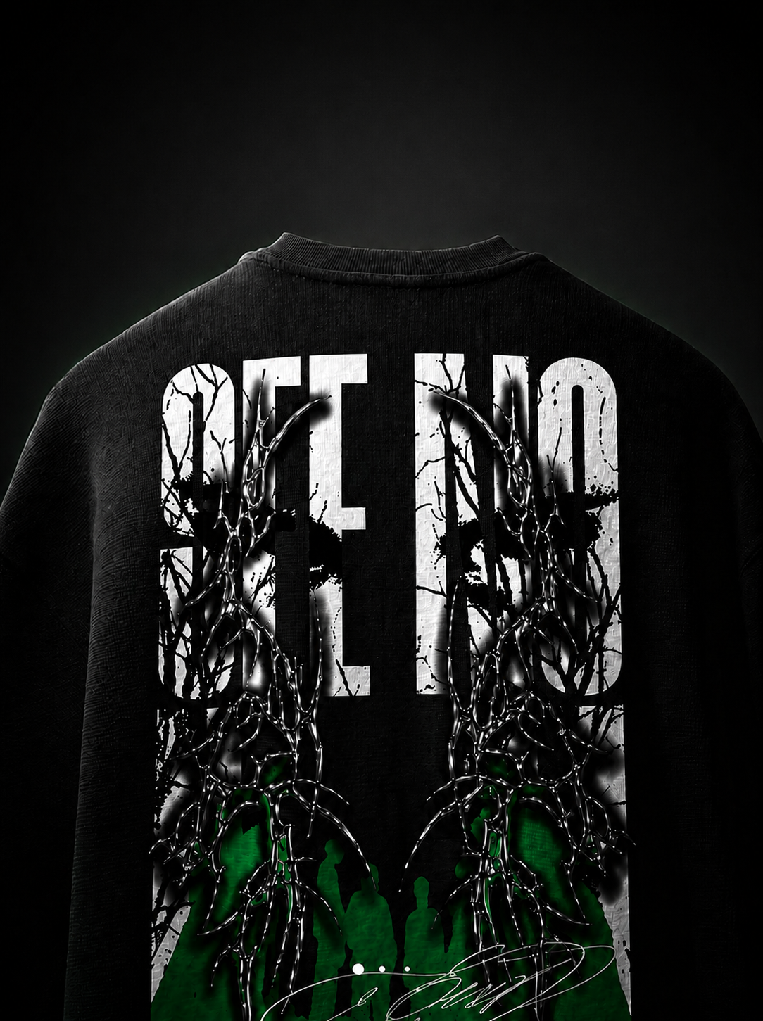 Genaura See No Evil black oversized tee, back graphic print flat lay closeup img