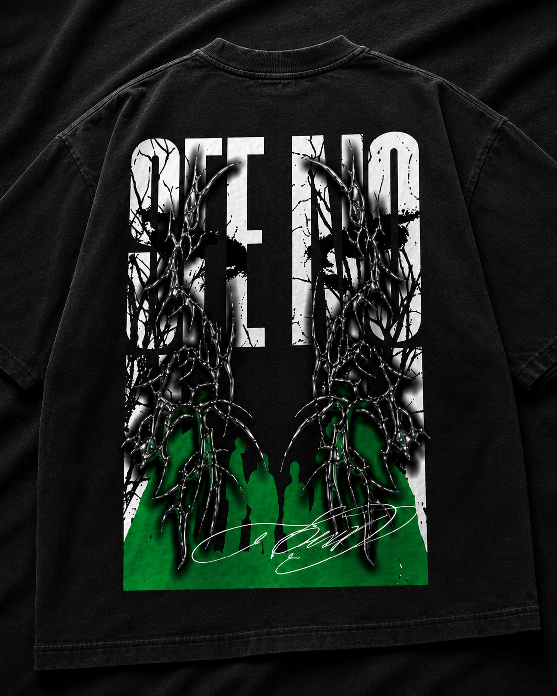 Genaura See No Evil black oversized tee, back graphic print flat lay