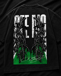Genaura See No Evil black oversized tee, back graphic print flat lay